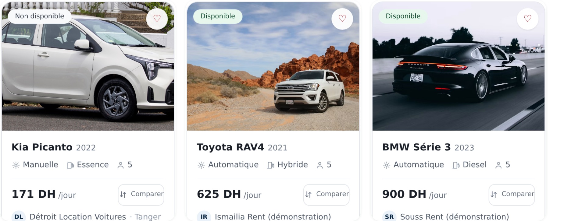 Aperçu de résultats de recherche de véhicules sur Carbook